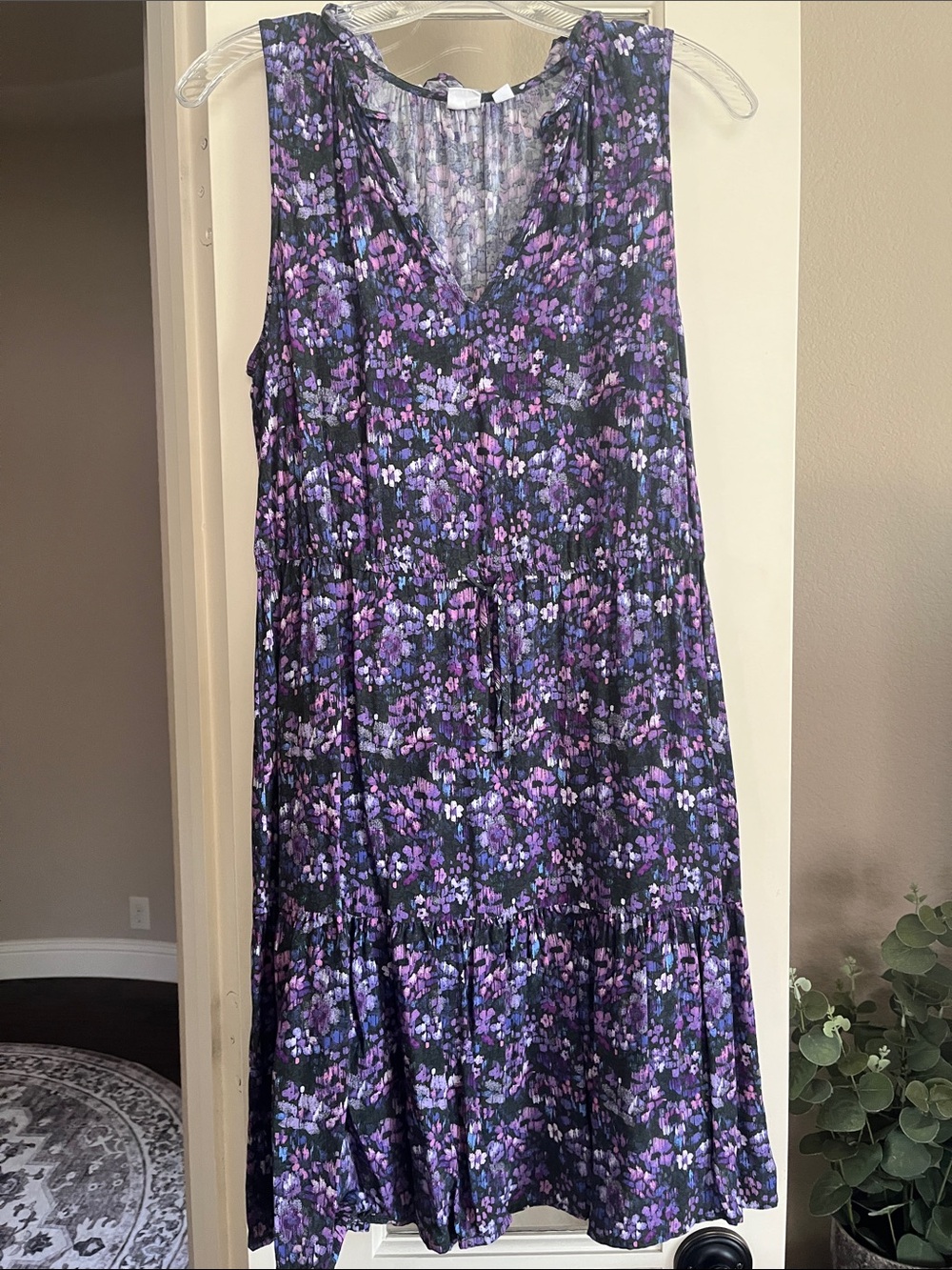 Gap Dress, Purple, Black, Floral, V-Neck, Drawstring, Sleeveless, Lightweight